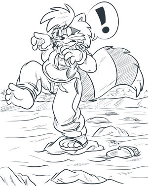 steppingstonez.png Commission sketch for backlash featuring Roarey losing a sandal in running water =O.