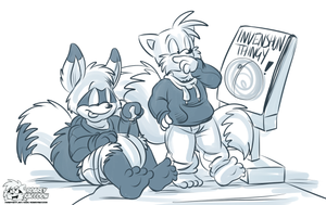 kittailsinventing.png Sketch commission for kitcoon featuring his character and Tails inventing something. I know, it's a ball, or something, I was just asked to do something inventy and I have no imagination.