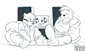 bubottermusic.png Sketch commission for bpetersxx of his bear character and spatsbear 's otter character listening to music on a rather vintage player.