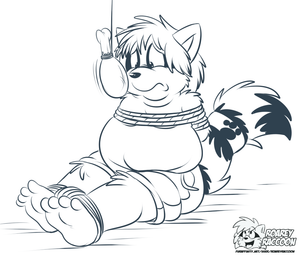 foxgoldfooddenial.png Sketch commission for foxgold of his raccoon character being chubby, cubby and tied up. Plus there's some random dangling turkey leg there, as if to say "nyah nyah you fat bastard".