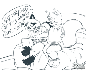 chrisnotverygood.png Commission sketch for christaphorac of his raccoon and squirrel characters involved in some shenanigans.