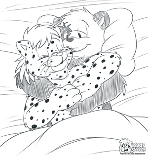 spoonyvemus.png Sketch commission for vemus of his snow leopard character having a cuddle from his big panda bf. Propah gay and propah lovely.
