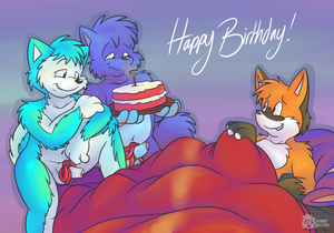 chesterbday2012.png Commission for Mitzu-niichan . It's a pic for chesterc 's birthday, featuring Mitzu-niichan 's Izzy and adamski0701 surprising Chester in bed XP.
