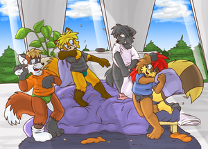 pillowfights.png This came to mind a few days ago, couldn't really say no to drawing it. From left to right we have:
1) flintgf
2) emerald-physics
3) theblackheart
4) Me =O.
Proper homosexual rubbish =O. I know there are things in the pic that don't make sense but I seriously have so little patience XP.
Characters are, naturally, copyright to their respective owners.