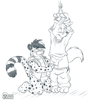 kyyannonzorori.png Sketch commission for kyyanno featuring his character teasing a tied up Zorori (who is obviously into it anyway). Been a while since I drew Zorori, I should do him more often XP.