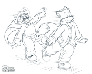 ricohndskating.png Commission for gamepopper of his two characters, Ricoh the fox and D the cat, going ice skating XP.
