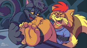 roarnappedcoffeefin.png Inked and coloured version of the earlier sketch XP. Roarey has been kidnapped by some cat guy and having his feet tickled. Because! Marked mature for being somewhat fetishistic XP.