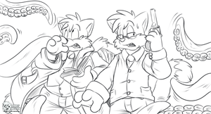 snackcjctulhu.png Commission sketch for meatsnack1 featuring his character and chriskitmyth doing something related to a Cthulhu board game. I think XP.