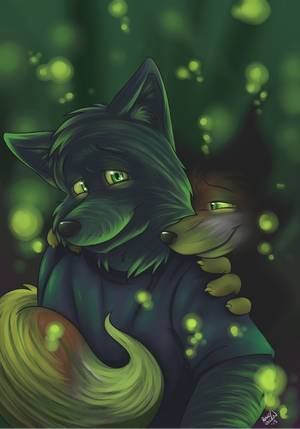 greenfairyfanart.png I'd never read a furry novel before stopping by kyell's table in the dealer's den at Confuzzled 2013. With no idea what to buy I asked the writer himself what he recommended and Green Fairy was the answer. When I read the synopsis on the back I was a bit dubious but "Fuck it.", I thought, and gave it a go anyway. I finished reading it in two days, possibly the fastest I've read a book, and felt sad as buggery that it had to end. It was genuinely that good. Apparently there's a sequel in the works though, so yay! I'll take more time with that one, methinks.
Anyway, I wanted to draw fanart of it so here's Sol and Niki XP. Characters, naturally, belong to Kyell Gold. 