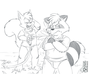 sqrlhosecoon.png Sketch commission for christaphorac who wanted two young characters playing around outside. This thing came to mind, with younger versions of two characters I've drawn for him before XP. If that squirrel didn't have his hand in front of his torso I'd totally have written "Little Shit" on his t-shirt.