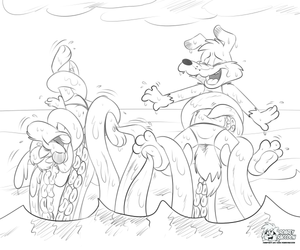 casoctotickles.png Sketch commission for edgefox featuring Calamity Coyote and Shifty Dingo (from Blinky Bill) being tickled by a giant octopus thingy.