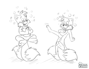 tailsontailsdrunk.png Commission sketch for foxlover91. Two versions of Tails balancing on their tails whilst rat-arsed XP.