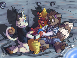 florarufusacedgnfinweb.png Comission for scoutter as a sequel to Dungeon of Fun. Rufus the Flareon gets comeuppance from Ace the Meowth and Flora the Zigzagoon XP.
Decided to try some more fantasy-like lighting in this one, so not going for realism here. Call it artistic license if you will XP.
Ace and Rufus belong to seraphon
Flora belongs to scoutter