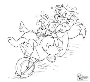 drnktailsesbarrow.png Sketch commission for foxlover91 of two slightly different versions of Tails messing around with a wheelbarrow whilst rat-arsed drunk.