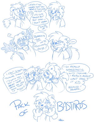 packofbastards.jpg In the IRC channel I use, the following ensued once I'd submitted the previous tickling comic. Starring saul , emerald-physics and myself.