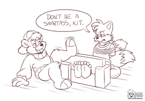 kitntailssmartass.png Sketch commission for anonymous featuring Kit Cloudkicker teasing Tails about his predicament XP.