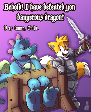 knighttailsord.png Commission for anonymous featuring Tails and Ord from Dragon Tales in a silly scene XP.