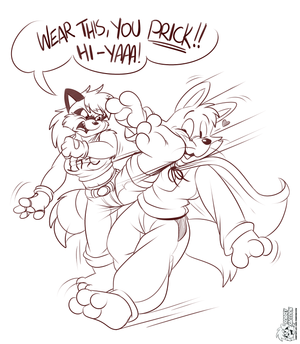 emilyzororikick.png Sketch commission for hurricaneblackspark featuring his character, Emily, kicking Zorori in his foxy face XP.