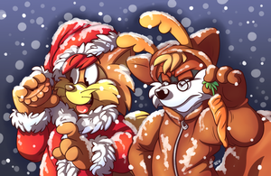 xmas2014.png A little tradition started a couple of years ago of designing a Christmas card each year, featuring my character with my partner's; this is the design I doodled for this year XP.  The fox belongs to flintgf XP.