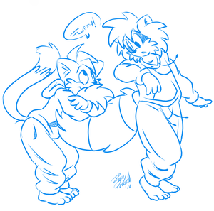 snackandroarey.png Just a nice little sketch of Roarey hangin' with meatsnack1 XP. Baggy clothes ftw.