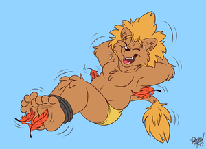 tbangtkldfl.png Flat colour commission for rosyboy, of his character Thunder Bang, in the kind of unrealistic situation prevalent in tickling art. Not like that matters or anything XP.