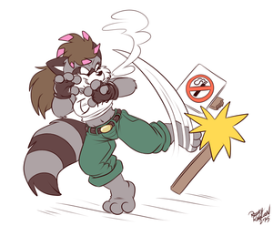 emilysmokesignsnap.png Flat colour sketch commission for hurricaneblackspark, featuring his character, Emily, getting rid of one of those pesky No Smoking signs XP.