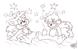tailsesdizzy.png Sketch commission for :foxlover91:, featuring Tails from Sonic Boom and Tails from AoStH, moments after being twatted on the head by a hammer or something. Toony!