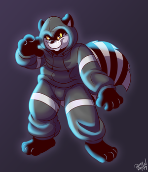 rascalhood.png Full colour commission for rockyraccoonuk of his character, Rascal, wearing baggy clothing and stuff XP.