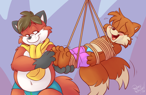 suspendatailsych.png YCH thingy for nightf0x, featuring his fox tormenting Tails, who has been gayed up a bit with some brightly coloured accessories XP.