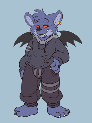 fabulawip2.png This is the initial design for a new character of mine, Fabula the bat. He's an emotional vampire, so rather than feeding on blood he puts people through an emotional rollercoaster ride XP. Those wings are completely useless, they're illusory wings, as if made of smoke. They change size and shape at will but are otherwise completely pointless. He's a faggy bat, but as he spends time with a person, .......