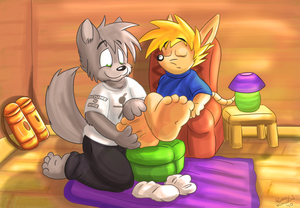 squire4hire copy.png This be a commission for holmgren13 of his character giving Sparkster, of Rocket Knight Adventures fame, a footrub :F.