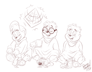 chpmnkhypno.png Sketch commission for anonymous, featuring Alvin and his brothers being hypnotised by a rotating pyramid thingy into taking their shoes off. Illuminati likes nicking peoples sneakers.
