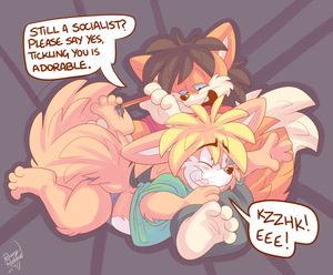 stillsoc.png Decided to make my two characters from the past couple cartoons into actual characters XP. The fennec, Dibbles (yes, I'm silly) is a ticklish socialist and the red fox, Pip (also silly) is a...what Sargon of Akkad would term a liberalist. And a tickler. I plan to do more lighthearted 'political' cartoons with them in the future XP.