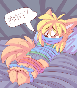 fennbndgg.png Felt like drawing Dibbles, my socialist fennec character, tied up XP. It's so lazy and easy to draw bondage with cloth, haha.