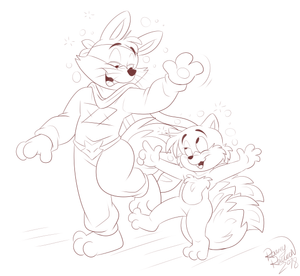 zororitailsdrnk.png Sketch commission for foxlover91 of Zorori and Tails (AoStH version) stumbling about while pissed XP. Durrr!