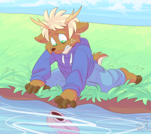 jesseshoelssrvr.png Coloured sketch commission for backlash, featuring his deer character, Jesse, having lost a shoe in a river. Quite how, I cannot say XP.