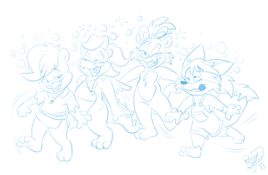 4drnkgrlz.png One of my new budget price blue sketch thingies, this one for foxlover91. Sunni Gummi, Cassie from Dragon Tales, a big cat called Bella and Millie from Ozy & Millie stumbling about while pissed as farts.
