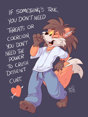 truthsimple.png Some things just aren't complicated XP. If an idea is pushed from the outset with intimidation, malice and severe consequences for so much as questioning it, you know it's bullshit. It's just shit, right out of the gate.


I have a telegram group:  https://t.me/+nYbMd3TfKOJkYWY8

If you like my work, I'd really appreciate your support, if you can, on Patreon or Subscribestar:

https://www.patreon.com/roareyraccoon
https://subscribestar.adult/roareyraccoon