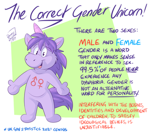 genderunicornupdateded.png Decided this old chestnut, of which I am immensely proud, deserved an update in words, to make it more accurate in fact and sentiment. This cartoon originally sparked off a conflict for me that destroyed my reputation in the fandom, with people piling on me so thick that it knocked me out of an ideological stupor, realising just how captured the community is by extremist left-wing politics. At the time, 2017 was just about the worst year of my life, the consequences of which I still palpably feel and the abuse is something I'll never forget. But I'll never regret speaking my mind amidst all the cowards who would never dare.

Edit: Just be aware, if you respond to this with the intention of being abusive and sly, I'll just block you. When I upload submissions like this staff are sent reports and so I'm scrutinised to fuck. I won't allow anyone to get me censored on here just because they want to piss me off in the comments, so keep any disagreements legitimate.
