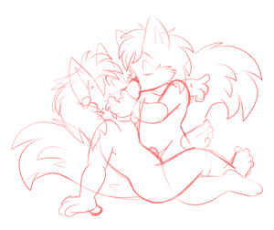 kissu3.png Thought it might be fun to share my process for drawing my stupid shit. You'll find the main line stages here in reverse order. I start with a rough pile of crap, then I draw a more detailed rough layer to get some of the basics down. After that I look at proportions and see if anything should be added or removed. Once I'm relatively satisfied that it doesn't look like complete ass, I move the pic around, magnifying and rotating, and adjust the canvas dimensions, so I can frame the sketch to look more interesting in composition. Then I draw a new, more detailed layer on top of the adjusted sketch, where I change a few things if I spot something that looks awful that I didn't notice before. Finally, I do the proper linework. I'll be doing a proper colour job on this one, so that will be showing up in my gallery in the near future XP.