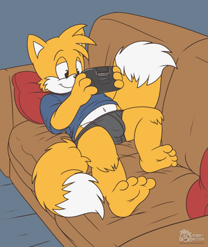  Commission for headsortails on IB, featuring Tails lounging around with a Game Gear XP. Mature for bulge.
