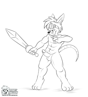 sparksternudepractice.png A sketch commission for sparksterfanboy of Sparkster from Rocket Knight Adventures doing something silly. I thought this one amusing enough to share, though you'll have to pardon my quite awful anatomy skills. When I'm asked to draw buff characters it's a bit daunting for that reason XP. Anyway, this is daft, but has a cock in it.