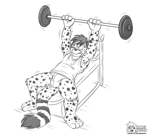 kyyannoweights.png Sketch commission for kyyanno with his character lifting weights. Can't say I've drawn this before, so I made the weights a bit on the small side. I think that adds to a certain comic effect though XP. Mature for bulge, haha.