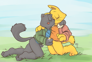  An oldie that I took down a while back when I thought I'd try having a porn-free gallery. That idea didn't last long XP. Fact is, even though porn does absolutely nothing for me (honestly, seeing sex acts is something I view as crude and it doesn't interest me) it seems to go down rather well with other people (yay!). So yeah, here is some fanart of Kaiketsu Zorori characters Zorori and Arthur; a pairing hardly anyone seems to appreciate. Because they're wankers.