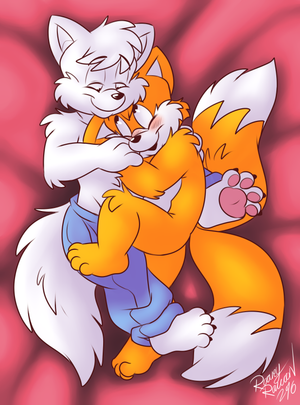 artientailssnggle.png Coloured sketch commission for artie, with Artie giving Tails a big gay snuggle XP.