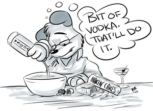 martinicakes.png This here is martinidog , who commissioned me to draw my own bday present. He's making me a cake, running out of some essential ingredient and chucking a load of bleedin' vodka in there as well. Well I hate vodka, you asswipe.