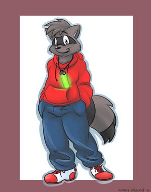 rockypose.png Colour commission for rocky_raccoon_uk of his character posing with a glowstick XP.