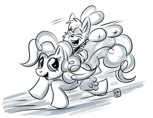 squeakymlp.png Sketch commission for squeakybunny , featuring his character riding on the back of a pony =O.