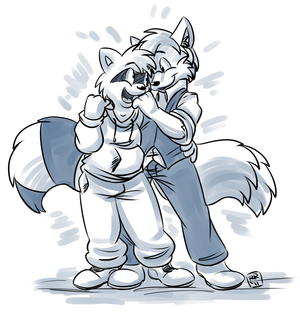 rockymichan.png Sketch commission for rockyraccoonuk of his character being cuddly with michan XP.