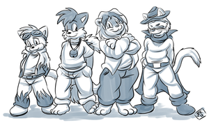 groupshot.png A sketch commission for gamepopper featuring four cats who frequent in my livestream sessions XP. From left to right: frostcat meatsnack1 saul gamepopper